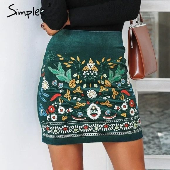 NWT SIMPLEE Embroidered Corduroy High Waist Skirt XL - Picture 5 of 14